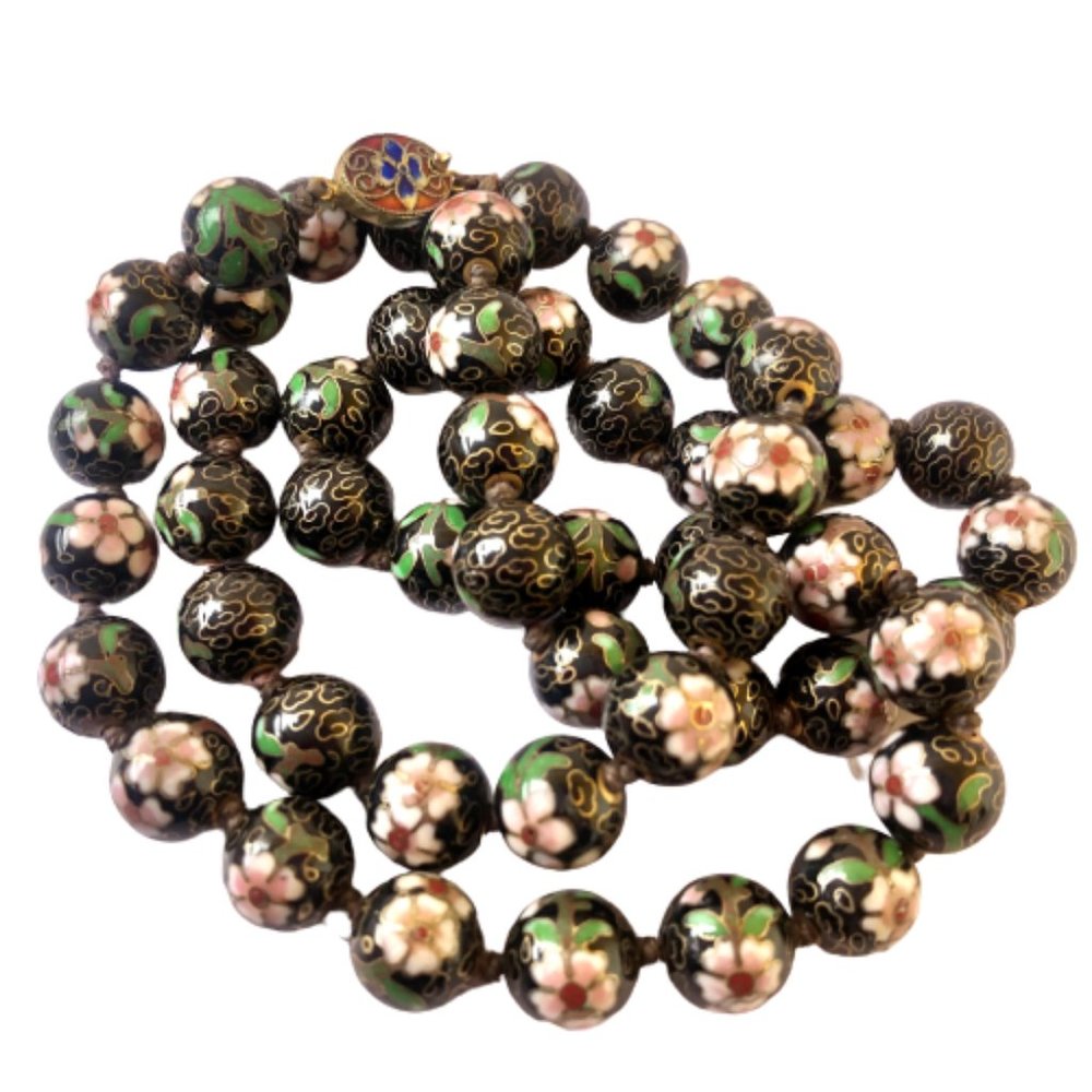 Vintage Chinese Export Cloisonné Necklace Hand Knotted Enamel Black Beads Floral